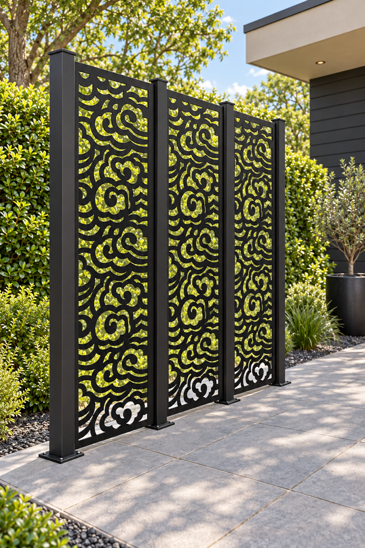 Design 313 Layered Cloud Column Laser Cut Metal Privacy Screen Panel oblique angle view