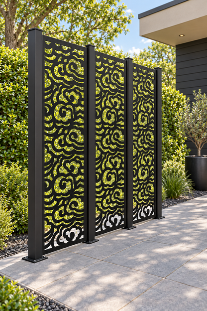 Design 313 Layered Cloud Column Laser Cut Metal Privacy Screen Panel oblique angle view