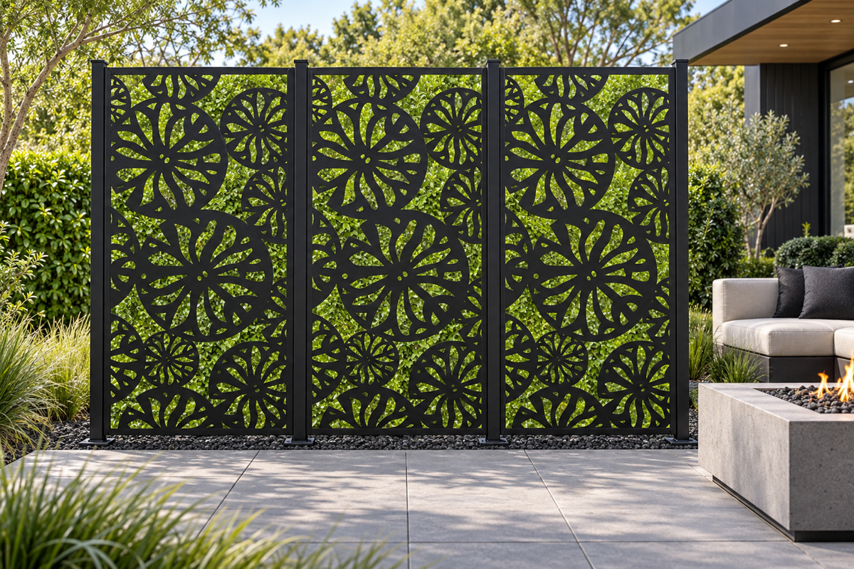 Design 314 Daisy Wheel Garden Laser Cut Metal Privacy Screen Panel installed garden daylight view