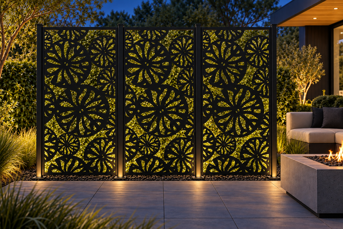 Design 314 Daisy Wheel Garden Laser Cut Metal Privacy Screen Panel installed garden night lighting view
