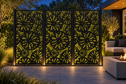 Design 314 Daisy Wheel Garden Laser Cut Metal Privacy Screen Panel installed garden night lighting view