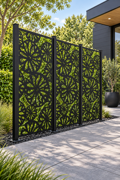 Design 314 Daisy Wheel Garden Laser Cut Metal Privacy Screen Panel oblique angle view