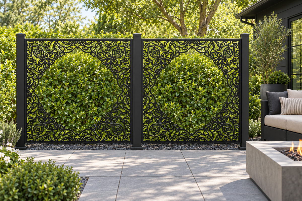 Design 315 Ornate Corner Frame Laser Cut Metal Privacy Screen Panel installed garden daylight view