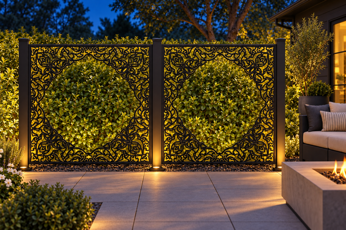 Design 315 Ornate Corner Frame Laser Cut Metal Privacy Screen Panel installed garden night lighting view