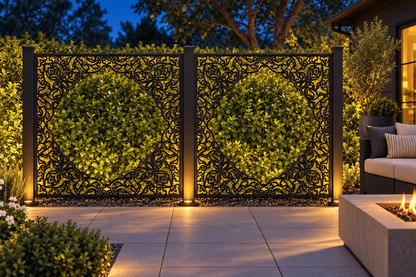 Design 315 Ornate Corner Frame Laser Cut Metal Privacy Screen Panel installed garden night lighting view