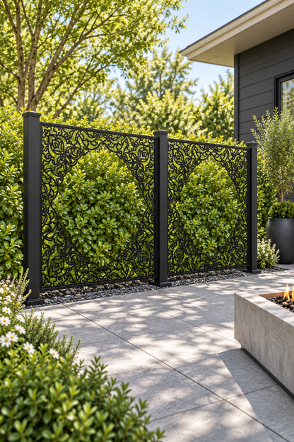 Design 315 Ornate Corner Frame Laser Cut Metal Privacy Screen Panel oblique angle view