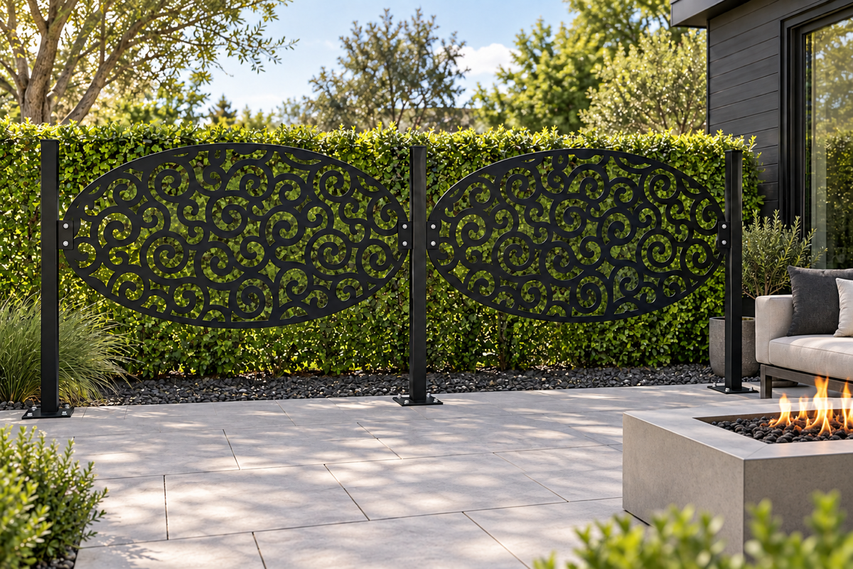 Design 316 Oval Cloud Medallion Laser Cut Metal Privacy Screen Panel installed garden daylight view