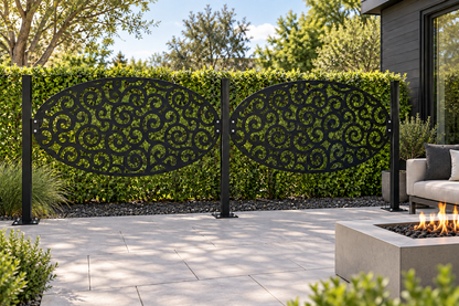 Design 316 Oval Cloud Medallion Laser Cut Metal Privacy Screen Panel installed garden daylight view