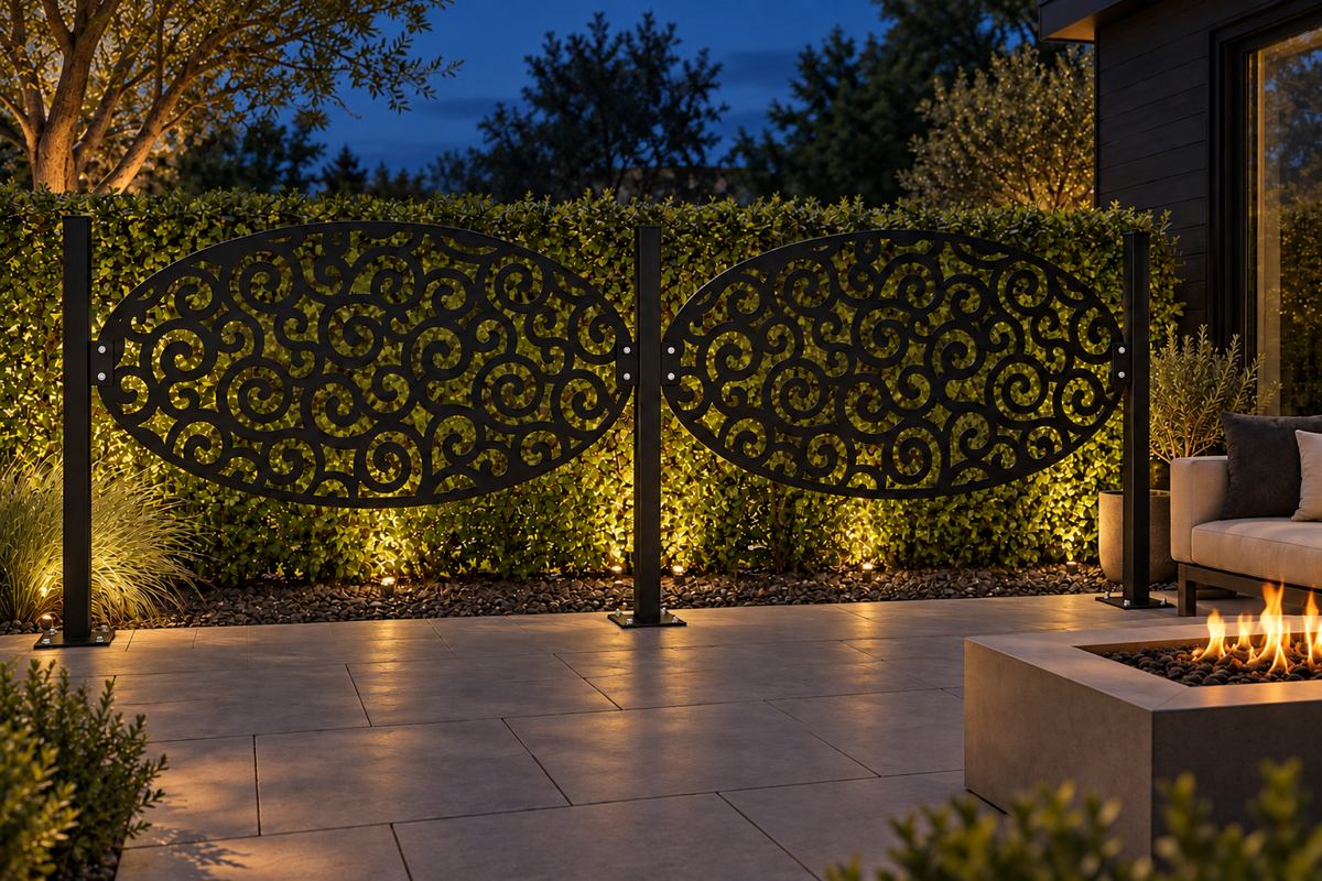 Design 316 Oval Cloud Medallion Laser Cut Metal Privacy Screen Panel installed garden night lighting view