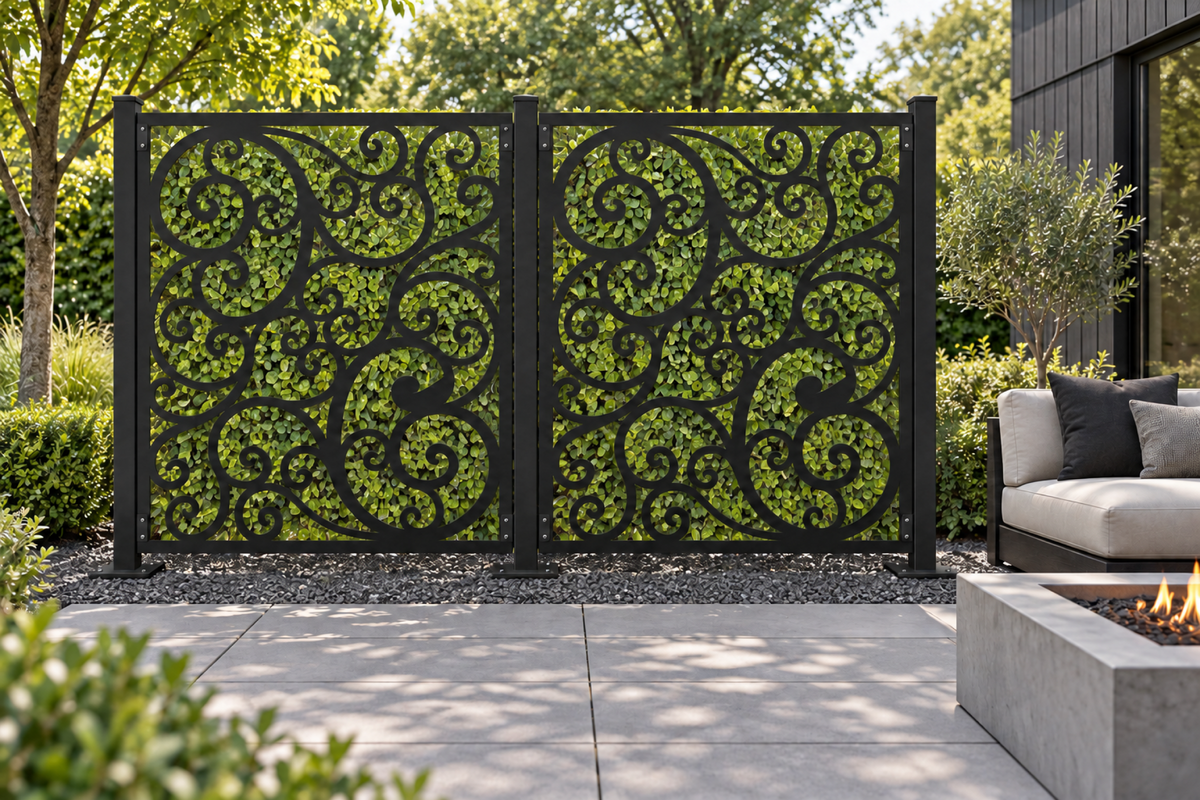 Design 317 Open Cloud Square Laser Cut Metal Privacy Screen Panel installed garden daylight view