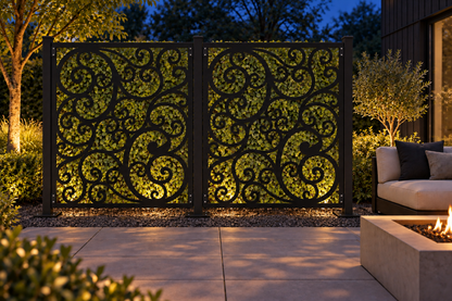 Design 317 Open Cloud Square Laser Cut Metal Privacy Screen Panel installed garden night lighting view