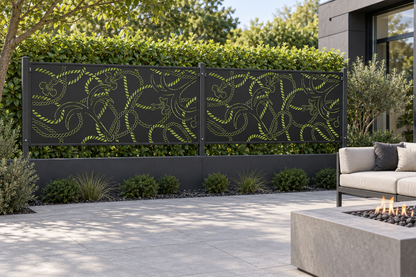 Design 318 Fish Scale Wave Border Laser Cut Metal Privacy Screen Panel installed garden daylight view