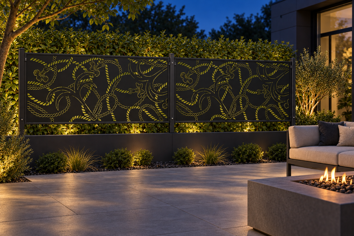 Design 318 Fish Scale Wave Border Laser Cut Metal Privacy Screen Panel installed garden night lighting view