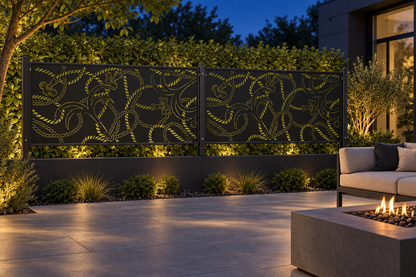 Design 318 Fish Scale Wave Border Laser Cut Metal Privacy Screen Panel installed garden night lighting view