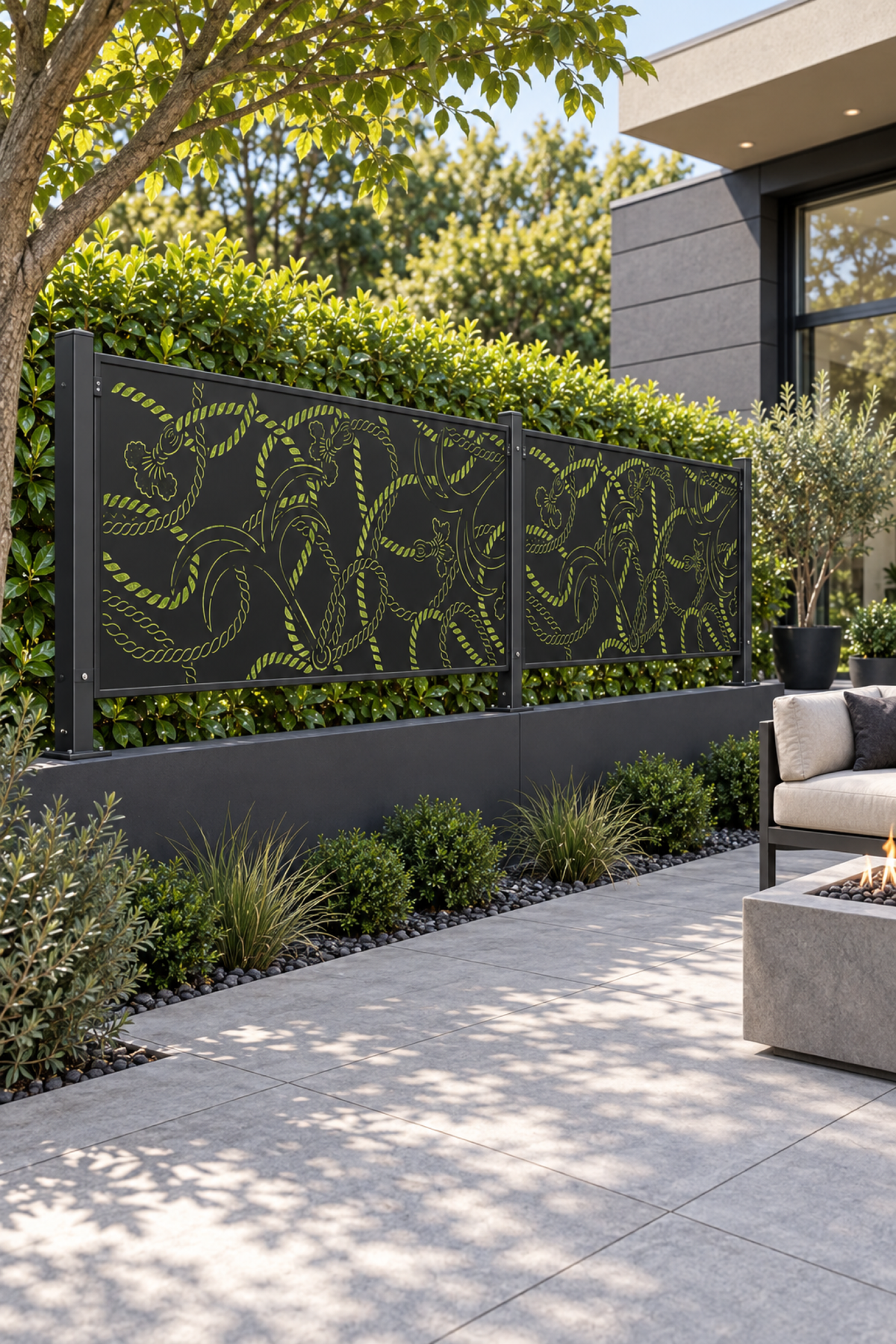 Design 318 Fish Scale Wave Border Laser Cut Metal Privacy Screen Panel oblique angle view