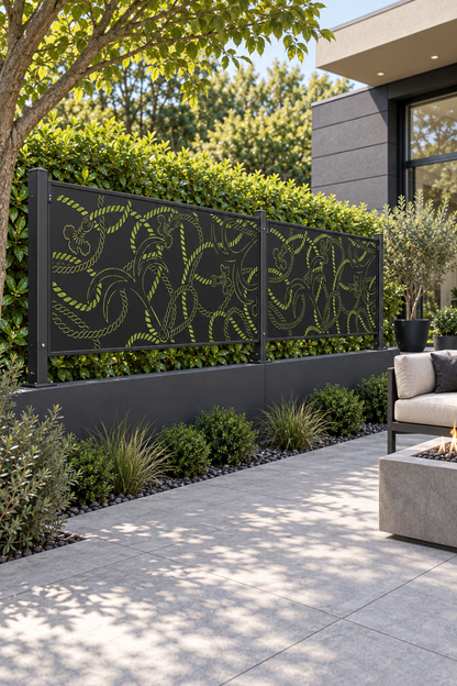 Design 318 Fish Scale Wave Border Laser Cut Metal Privacy Screen Panel oblique angle view