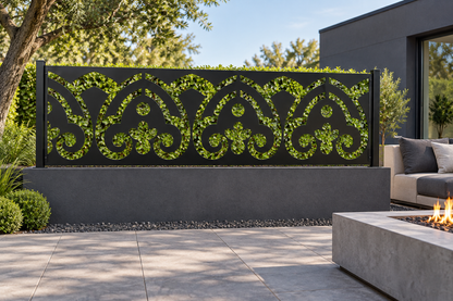 Design 319 Gothic Fleur Border Laser Cut Metal Privacy Screen Panel installed garden daylight view