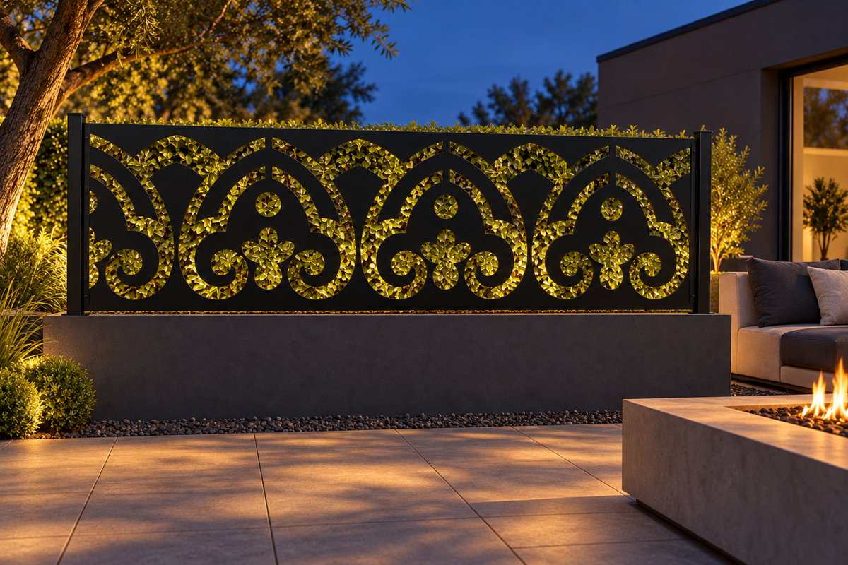 Design 319 Gothic Fleur Border Laser Cut Metal Privacy Screen Panel installed garden night lighting view