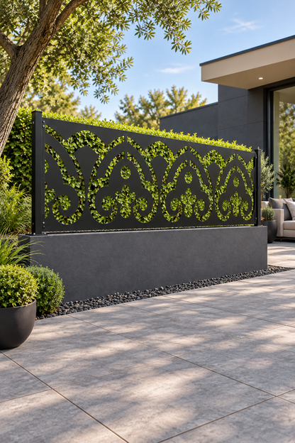 Design 319 Gothic Fleur Border Laser Cut Metal Privacy Screen Panel oblique angle view