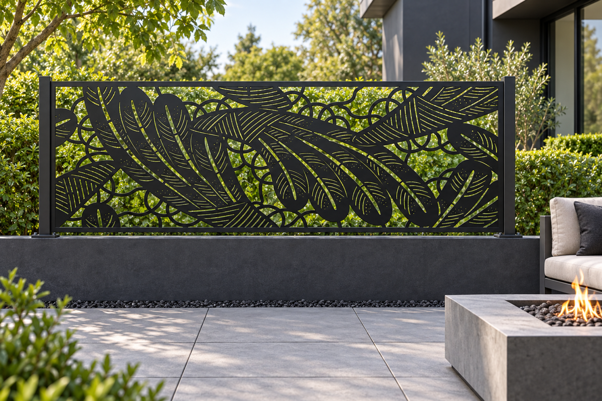 Design 320 Feather Leaf Border Laser Cut Metal Privacy Screen Panel installed garden daylight view