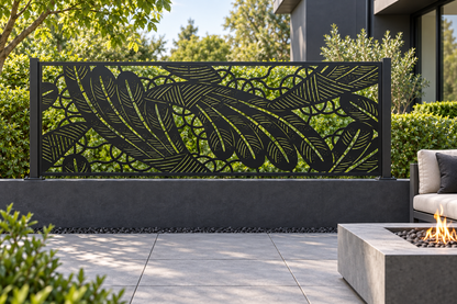 Design 320 Feather Leaf Border Laser Cut Metal Privacy Screen Panel installed garden daylight view