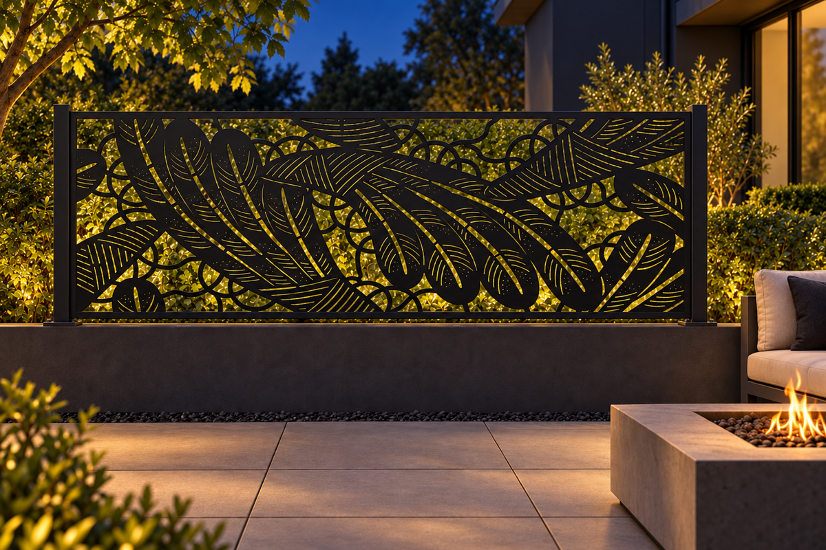 Design 320 Feather Leaf Border Laser Cut Metal Privacy Screen Panel installed garden night lighting view