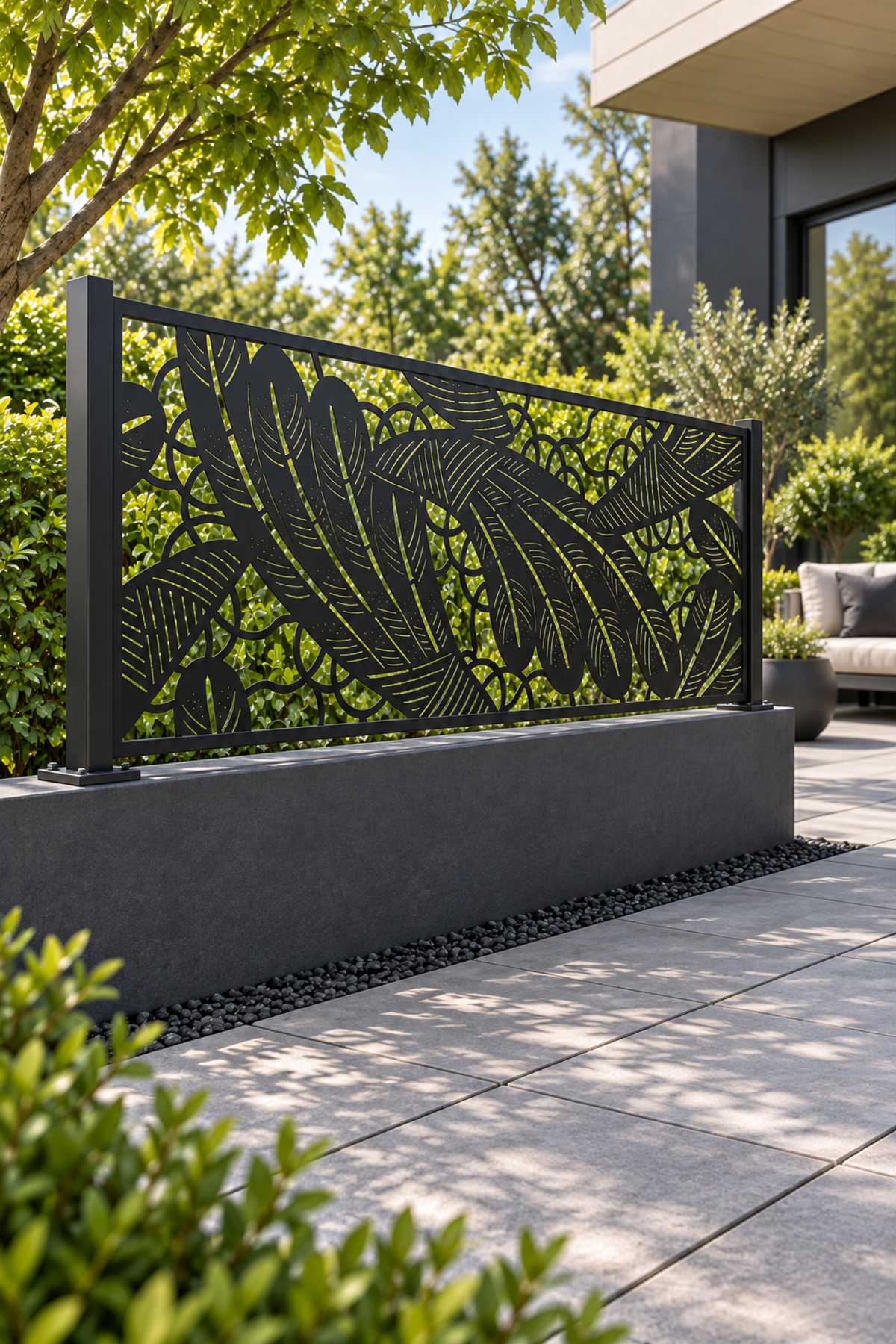 Design 320 Feather Leaf Border Laser Cut Metal Privacy Screen Panel oblique angle view