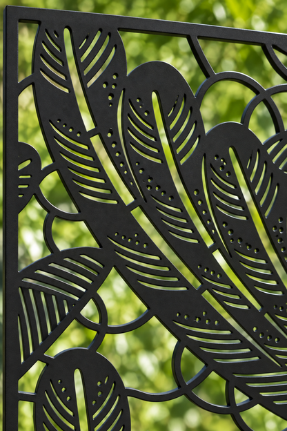 Design 320 Feather Leaf Border Laser Cut Metal Privacy Screen Panel close-up detail view