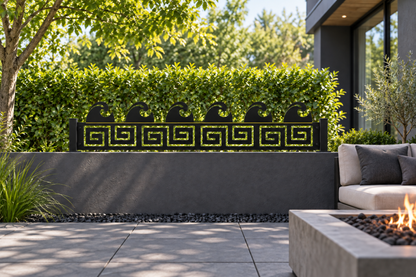 Design 321 Greek Wave Crest Border Laser Cut Metal Privacy Screen Panel installed garden daylight view