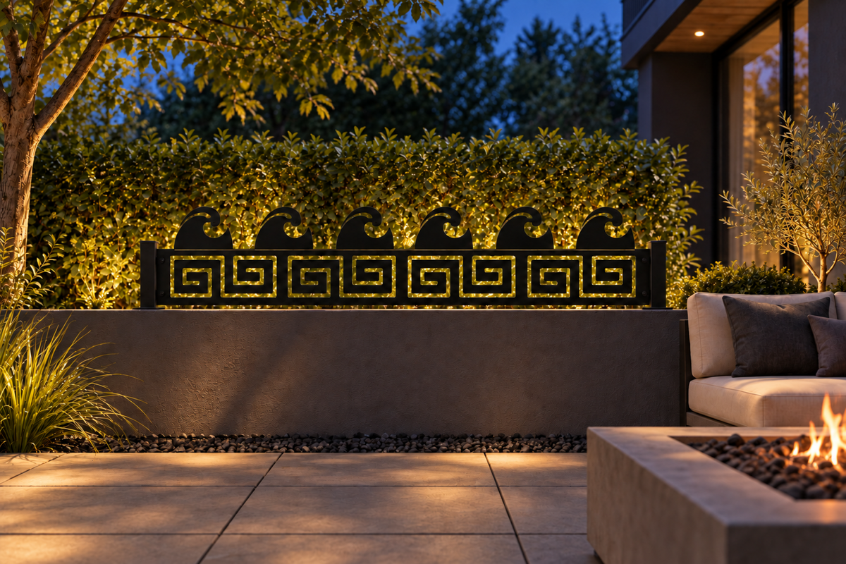 Design 321 Greek Wave Crest Border Laser Cut Metal Privacy Screen Panel installed garden night lighting view