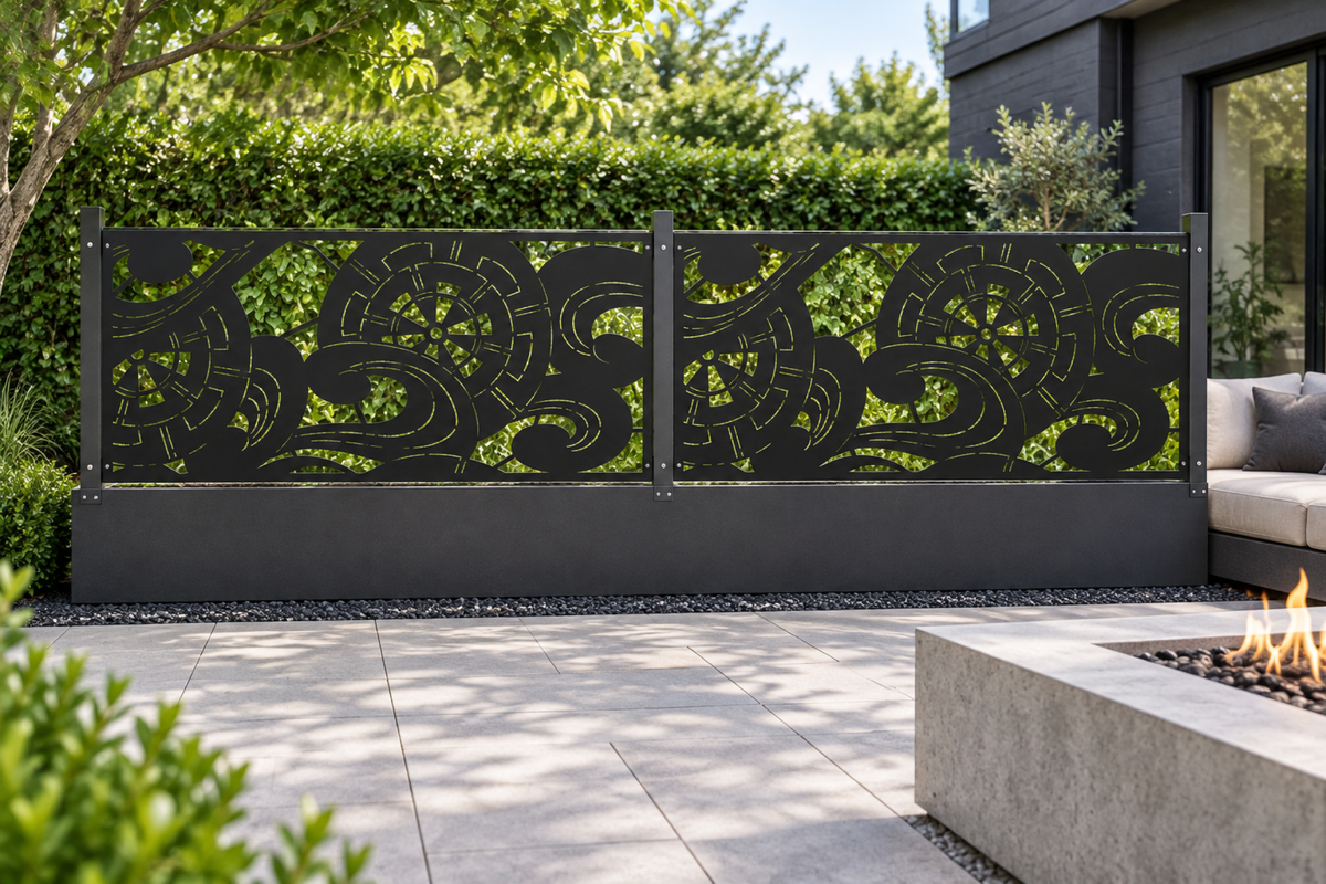 Design 322 Abstract Ribbon Border Laser Cut Metal Privacy Screen Panel installed garden daylight view