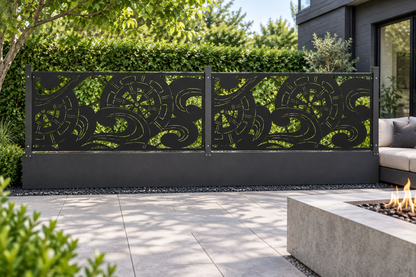 Design 322 Abstract Ribbon Border Laser Cut Metal Privacy Screen Panel installed garden daylight view