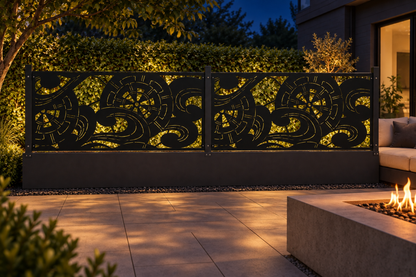 Design 322 Abstract Ribbon Border Laser Cut Metal Privacy Screen Panel installed garden night lighting view