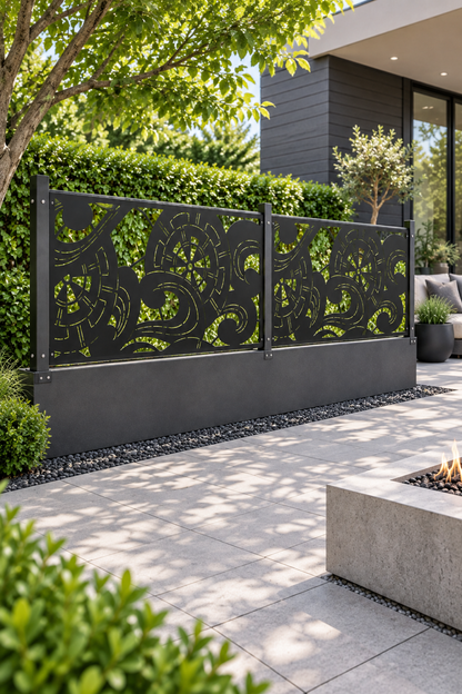 Design 322 Abstract Ribbon Border Laser Cut Metal Privacy Screen Panel oblique angle view