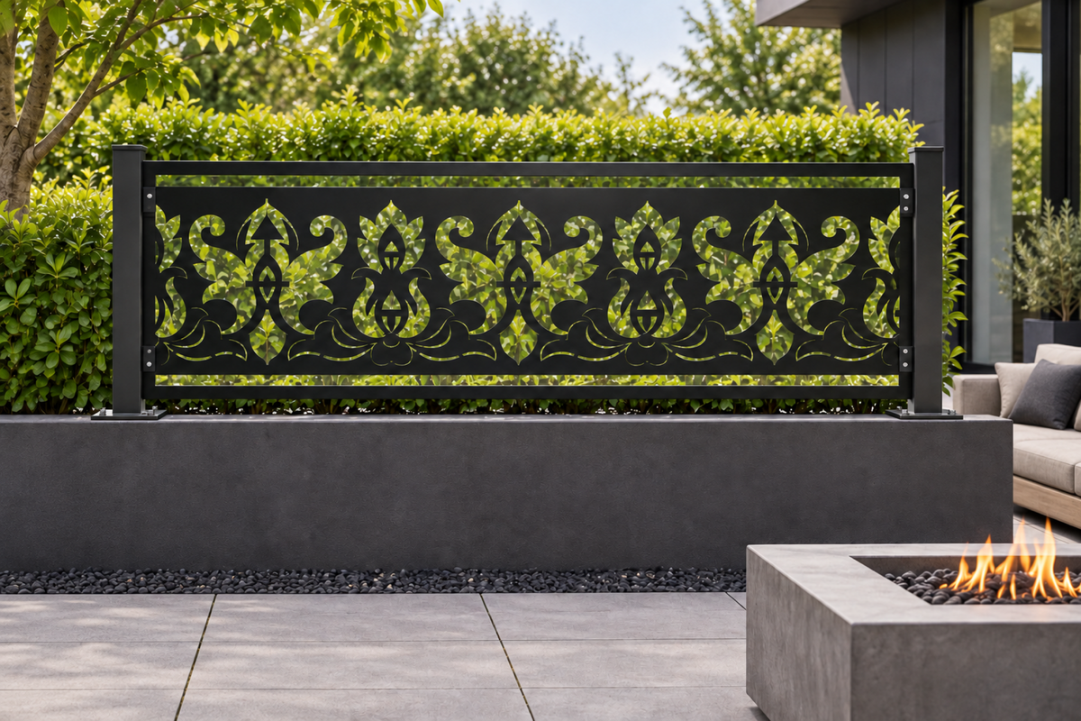 Design 323 Regal Fleur Banner Laser Cut Metal Privacy Screen Panel installed garden daylight view