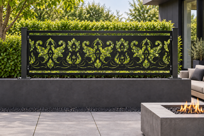 Design 323 Regal Fleur Banner Laser Cut Metal Privacy Screen Panel installed garden daylight view