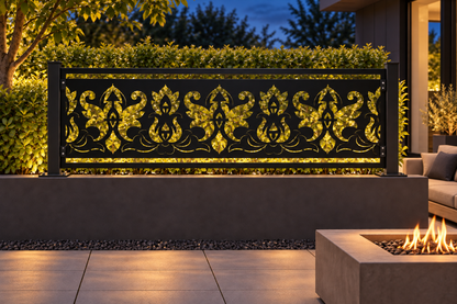 Design 323 Regal Fleur Banner Laser Cut Metal Privacy Screen Panel installed garden night lighting view