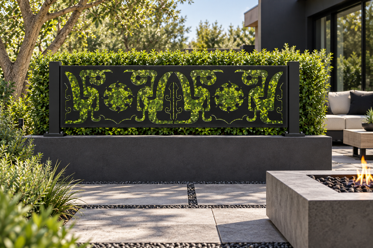 Design 324 Scalloped Crown Border Laser Cut Metal Privacy Screen Panel installed garden daylight view