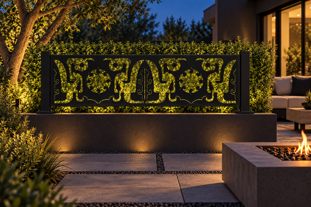 Design 324 Scalloped Crown Border Laser Cut Metal Privacy Screen Panel installed garden night lighting view