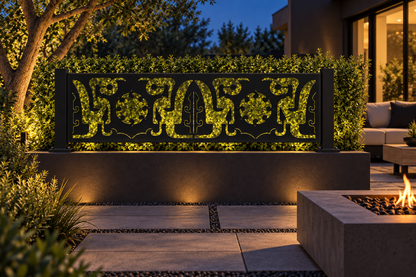 Design 324 Scalloped Crown Border Laser Cut Metal Privacy Screen Panel installed garden night lighting view