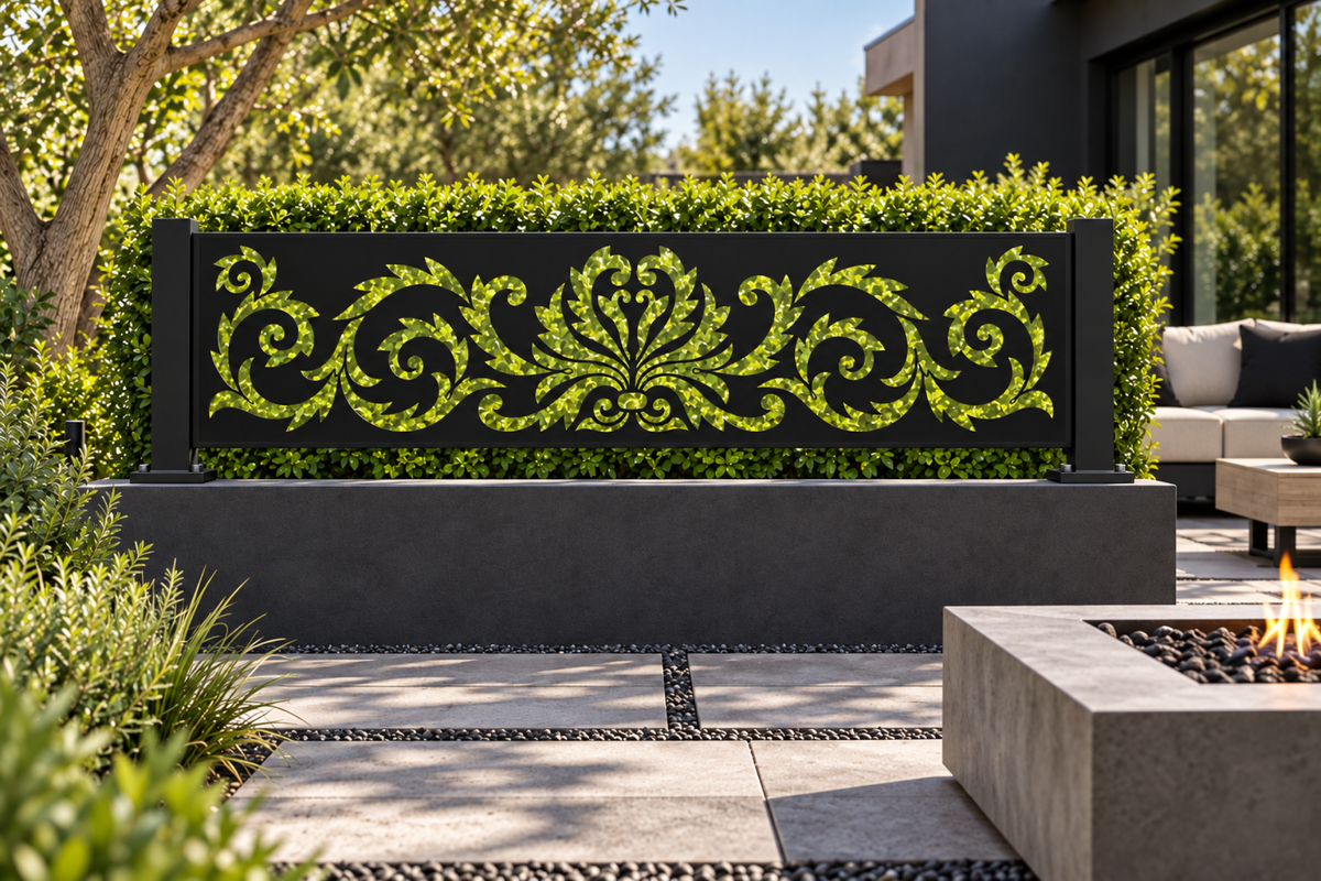 Design 325 Lotus Scroll Border Laser Cut Metal Privacy Screen Panel installed garden daylight view