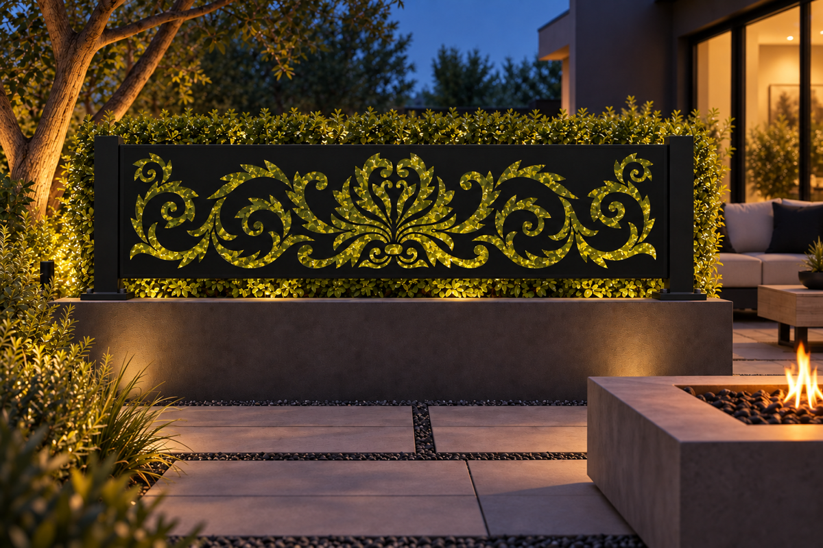 Design 325 Lotus Scroll Border Laser Cut Metal Privacy Screen Panel installed garden night lighting view