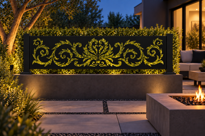 Design 325 Lotus Scroll Border Laser Cut Metal Privacy Screen Panel installed garden night lighting view
