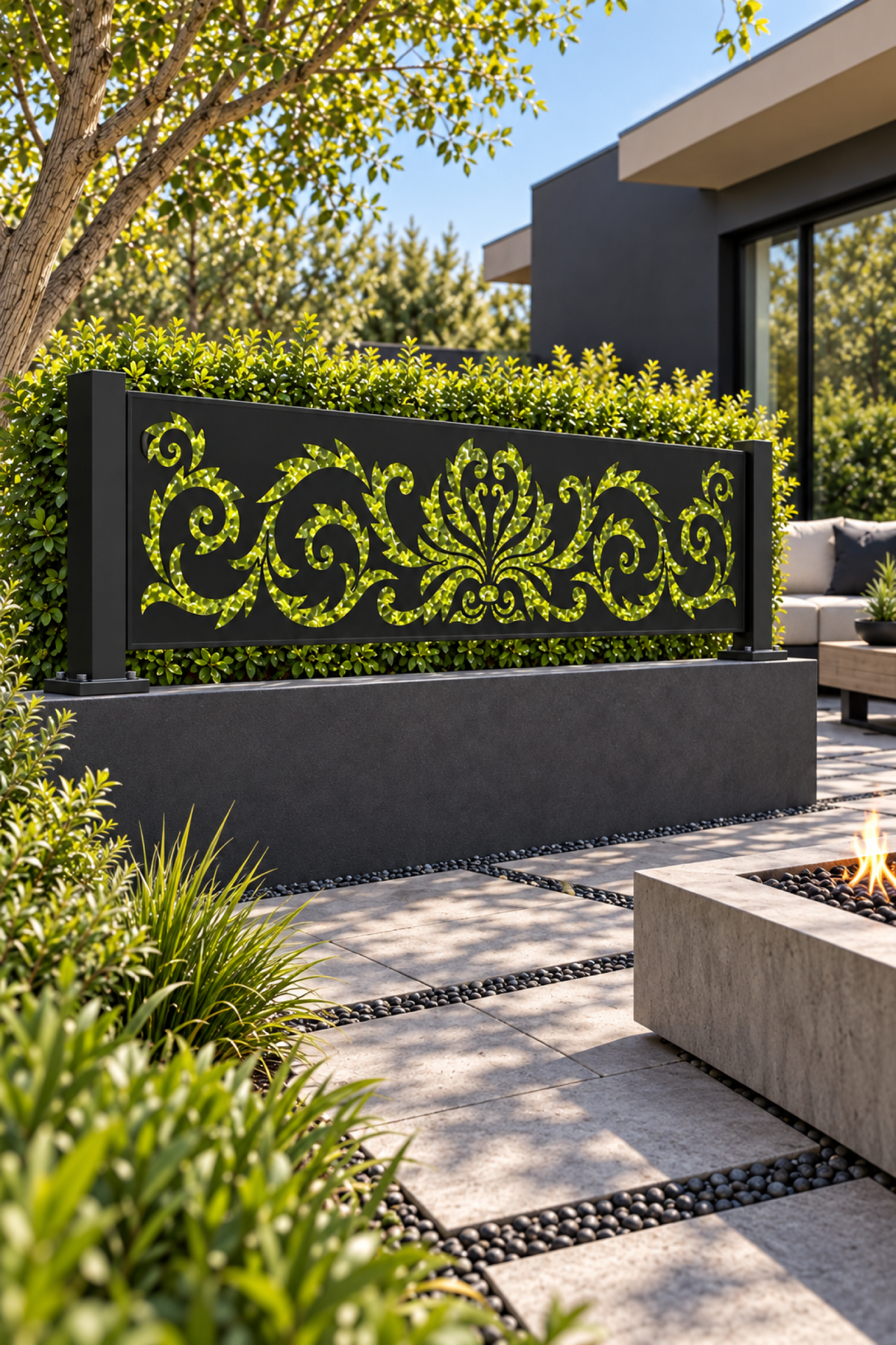 Design 325 Lotus Scroll Border Laser Cut Metal Privacy Screen Panel oblique angle view