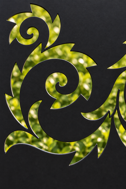 Design 325 Lotus Scroll Border Laser Cut Metal Privacy Screen Panel close-up detail view