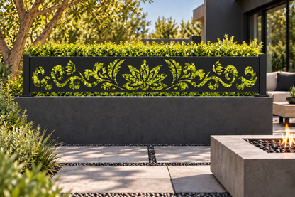 Design 326 Lotus Crest Border Laser Cut Metal Privacy Screen Panel installed garden daylight view