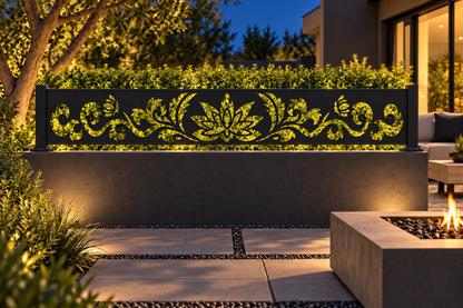 Design 326 Lotus Crest Border Laser Cut Metal Privacy Screen Panel installed garden night lighting view