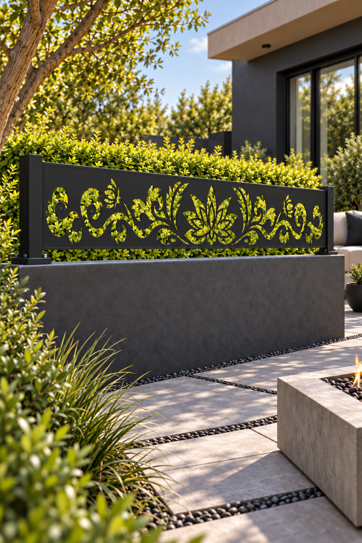Design 326 Lotus Crest Border Laser Cut Metal Privacy Screen Panel oblique angle view