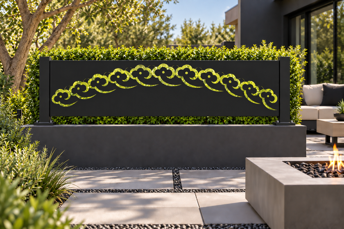 Design 327 Braided Vine Arch Laser Cut Metal Privacy Screen Panel installed garden daylight view