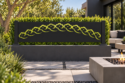Design 327 Braided Vine Arch Laser Cut Metal Privacy Screen Panel installed garden daylight view